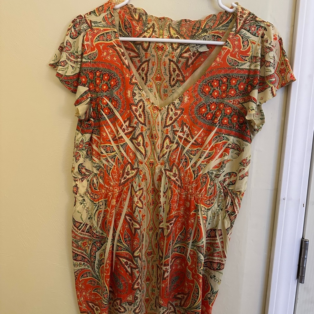 ONE WORLD Paisley V-Neck Top - Orange and Cream